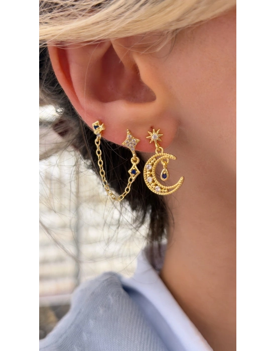 Ay Yıldız Mavi Taş Detay 6lı Set Küpe Gold