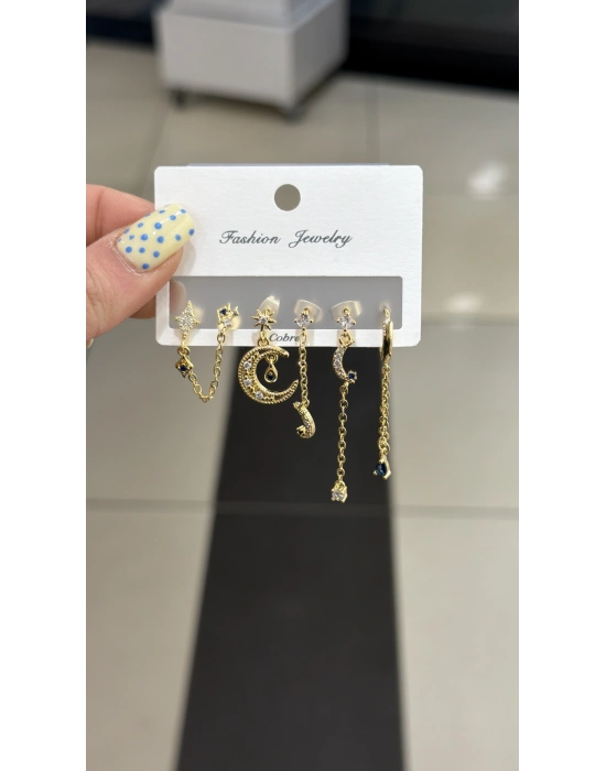 Ay Yıldız Mavi Taş Detay 6lı Set Küpe Gold