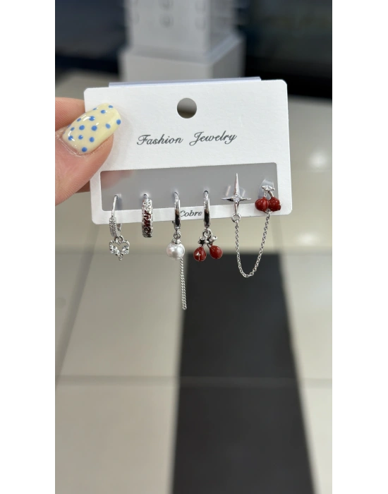 Kirazlı 6lı Set Küpe Gümüş
