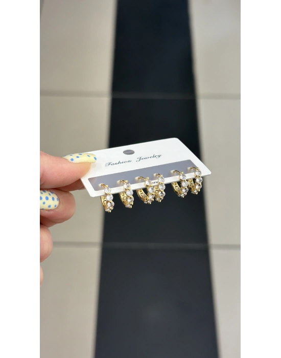 5 Taş 6lı Set Küpe Gold
