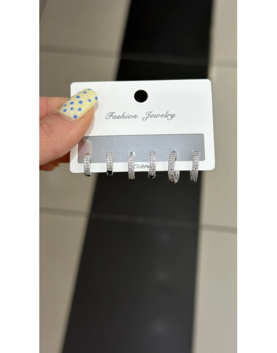 Düz Taş İşleme 6lı Set Küpe Gümüş