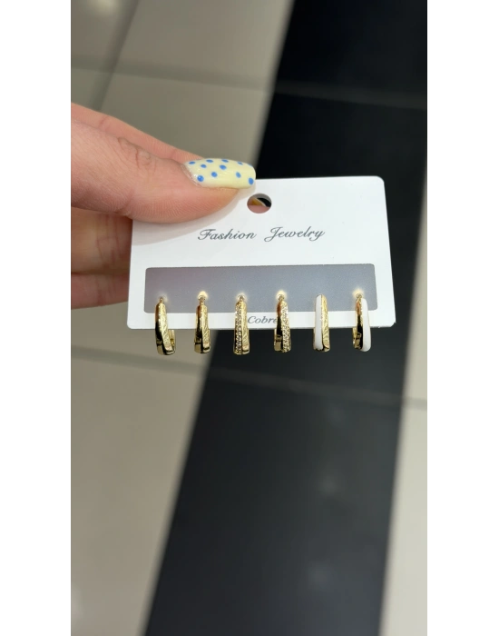 Beyaz Mineli 6lı Set Küpe Gold