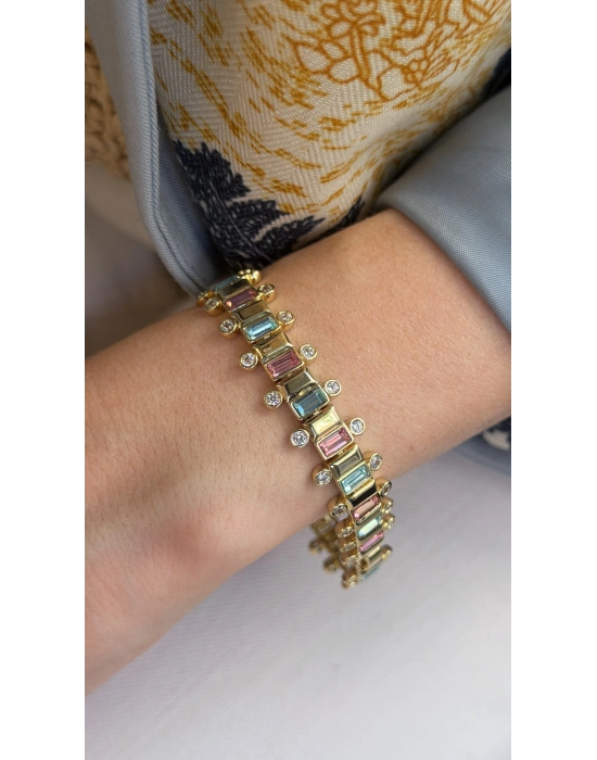 Mavi ve Pembe Swarovski Taş Bileklik (19cm- uzatma dahil 21cm)