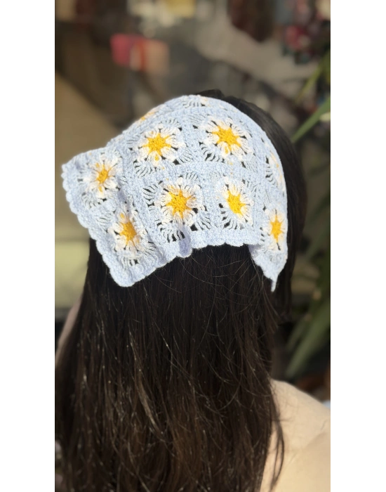 Mavi Çiçek Motif Örgü Bandana