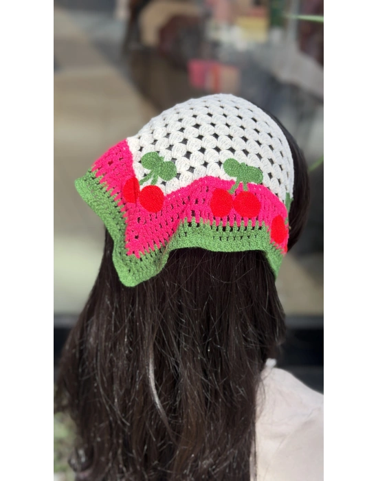 Kiraz Motif Örgü Bandana -Pembe