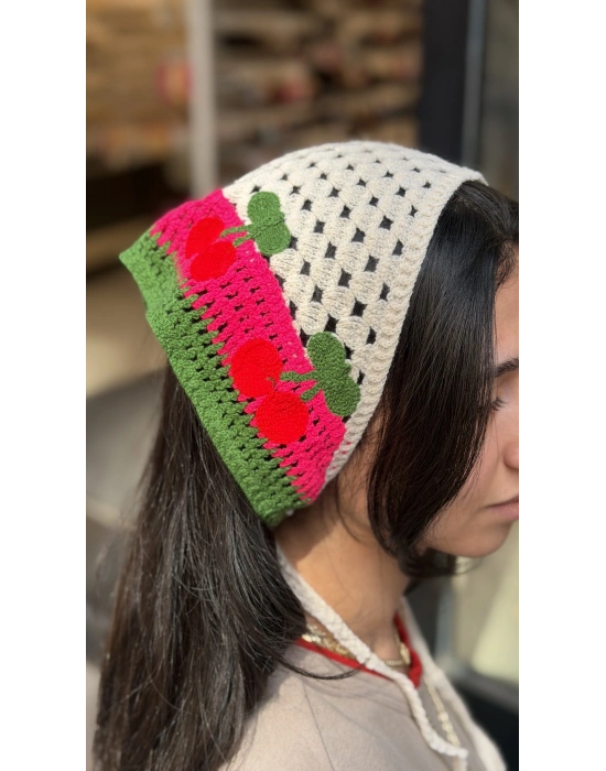 Kiraz Motif Örgü Bandana -Pembe