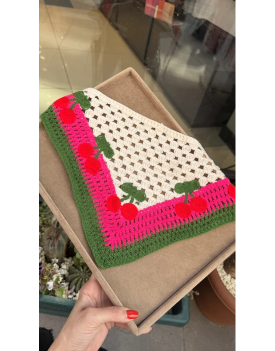Kiraz Motif Örgü Bandana -Pembe