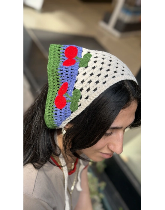 Kiraz Motif Örgü Bandana -Mor