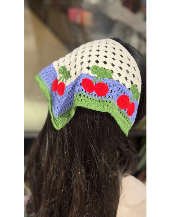 Kiraz Motif Örgü Bandana -Mor