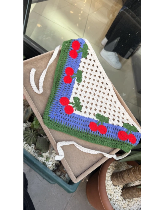 Kiraz Motif Örgü Bandana -Mor
