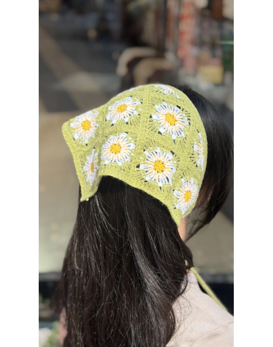 Yeşil Çiçek Motif Örgü Bandana