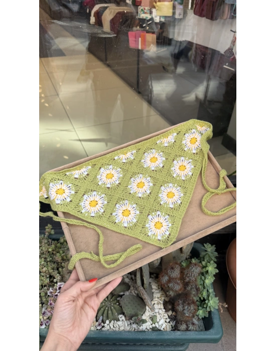 Yeşil Çiçek Motif Örgü Bandana