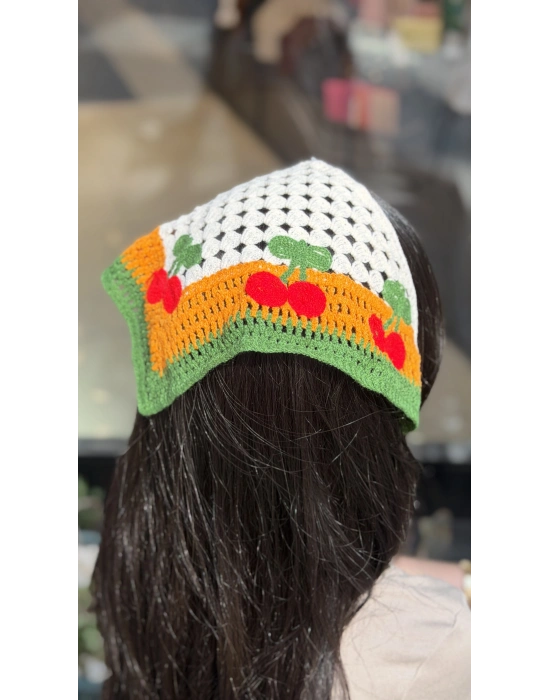 Kiraz Motif Örgü Bandana -Turuncu