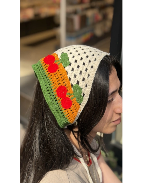 Kiraz Motif Örgü Bandana -Turuncu
