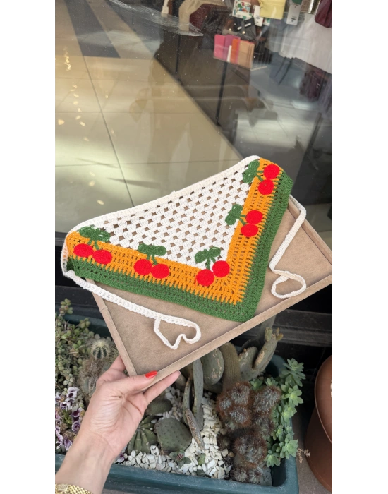 Kiraz Motif Örgü Bandana -Turuncu