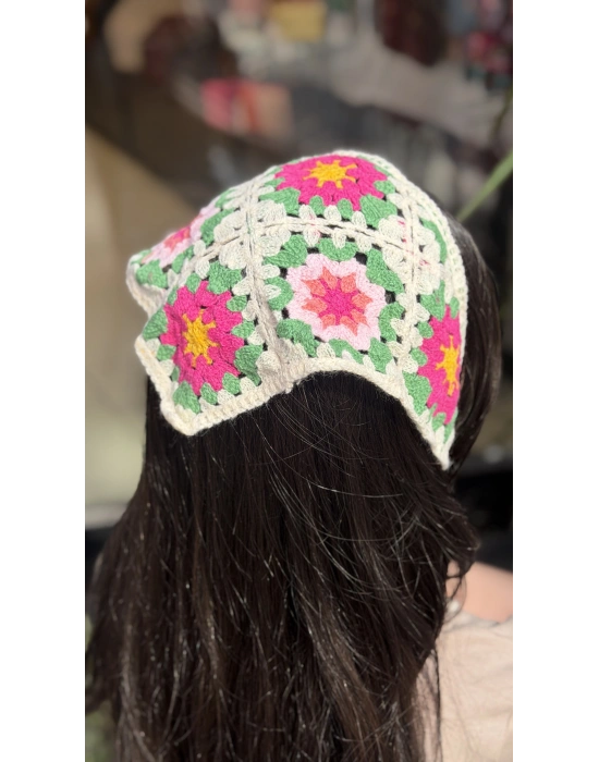 Pembe - Fuşya Çiçek Motif Örgü Bandana