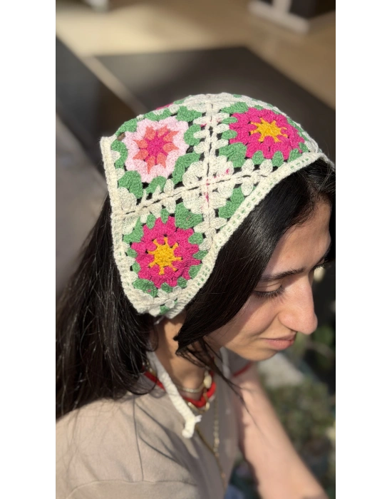 Pembe - Fuşya Çiçek Motif Örgü Bandana