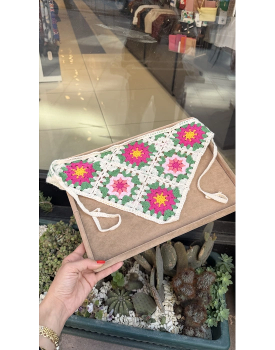 Pembe - Fuşya Çiçek Motif Örgü Bandana