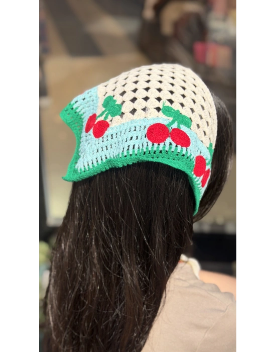Kiraz Motif Örgü Bandana -Mavi