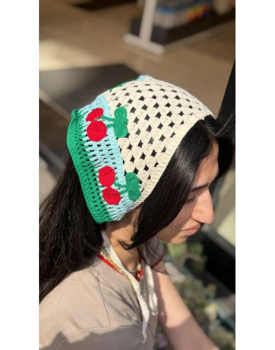 Kiraz Motif Örgü Bandana -Mavi
