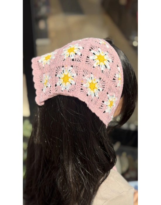 Pembe Çiçek Motif Örgü Bandana