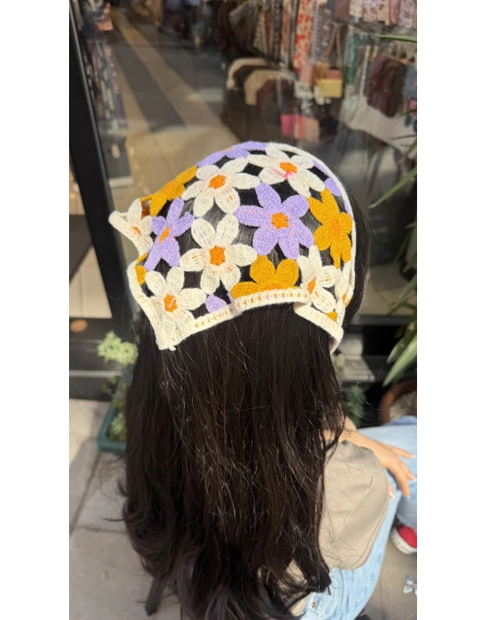 Mor Sarı Çiçek Motif Bandana