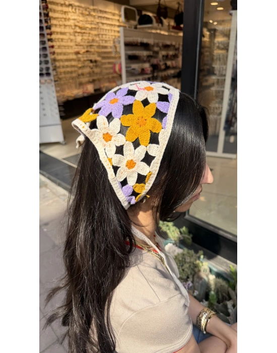 Mor Sarı Çiçek Motif Bandana