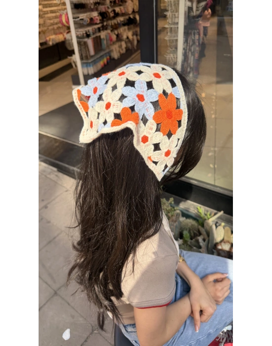 Turuncu Mavi Çiçek Motif Bandana