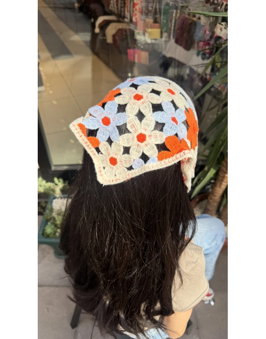 Turuncu Mavi Çiçek Motif Bandana