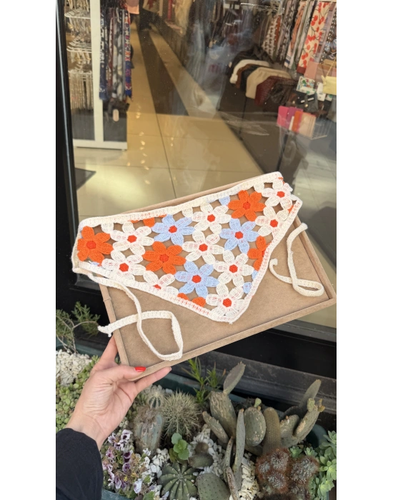 Turuncu Mavi Çiçek Motif Bandana