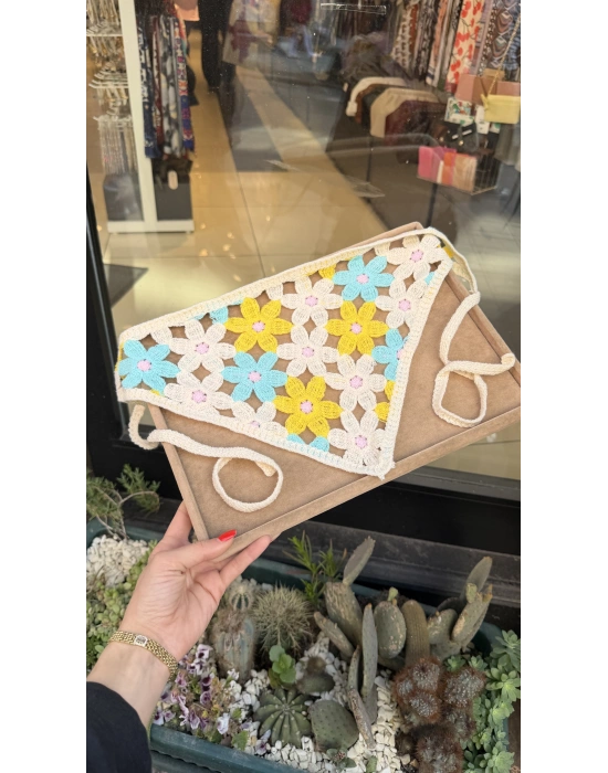 Mavi Sarı Çiçek Motif Bandana