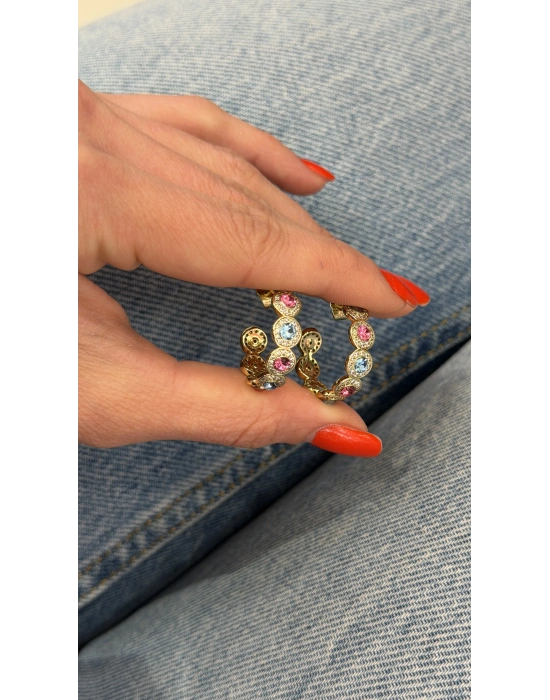 Mavi-Fuşya Swarovski Taş Detay Küpe