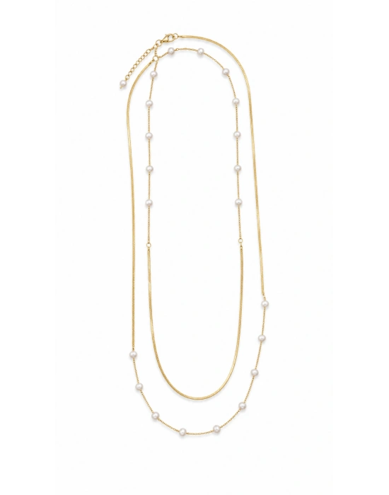 90 cm İnci Detay Gold Kolye