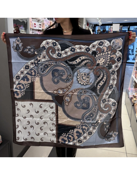 90x90 cm Kahve-Mavi Renk Karışık Desen Fular