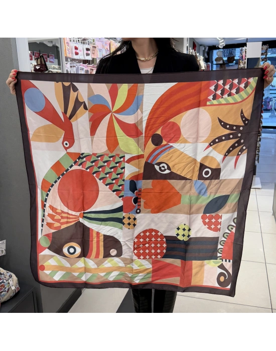 90x90 cm Turuncu-Kahve Karışık Desen Fular