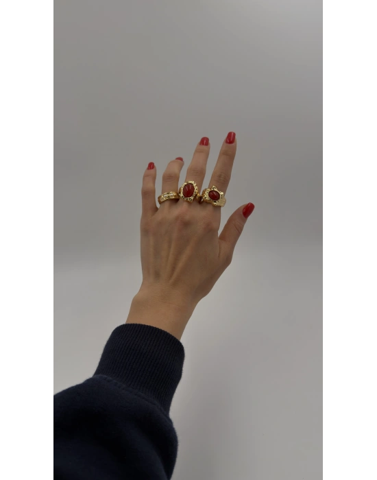 Bordo Taş ve İnci Detay 3’lü Set Yüzük