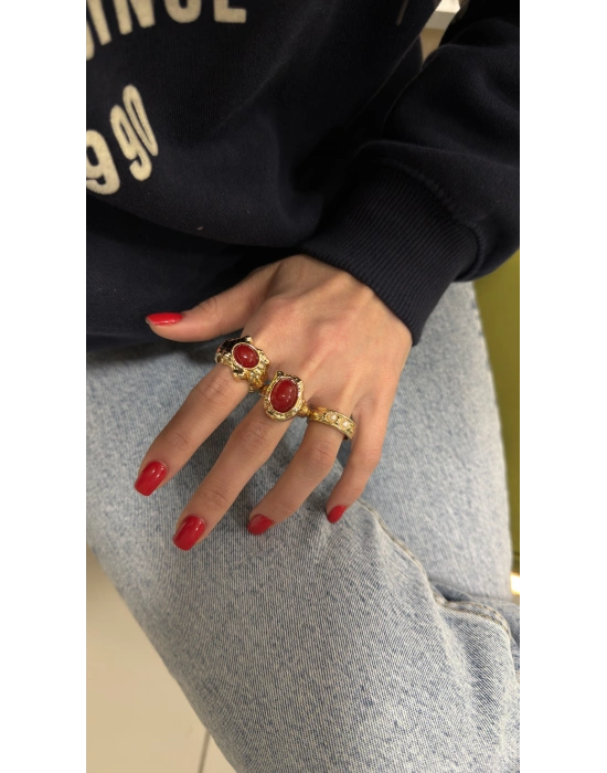 Bordo Taş ve İnci Detay 3’lü Set Yüzük