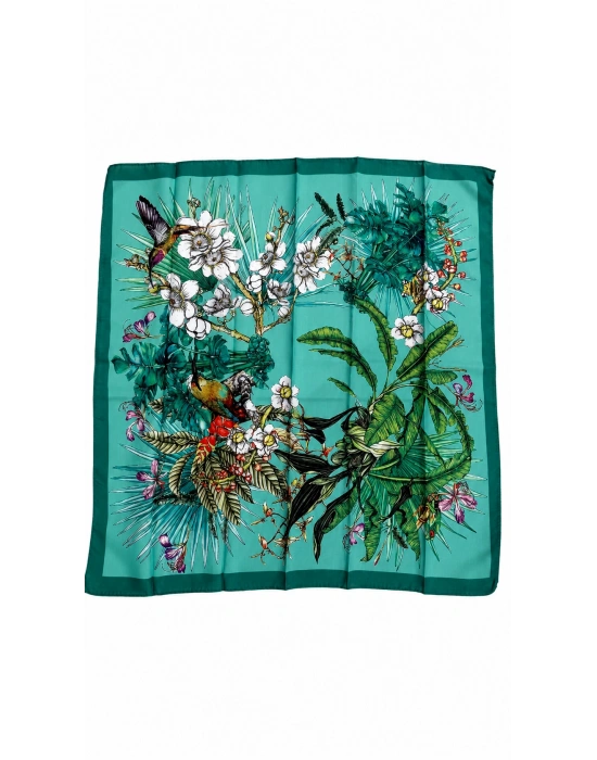 Çoklu Çiçek Desen Yeşil Fular 50x50