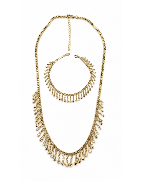 Damla Plaka Sallantılı Gold Kolye-Bileklik Set