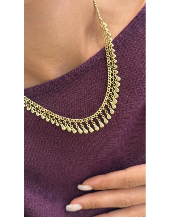 Damla Plaka Sallantılı Gold Kolye-Bileklik Set