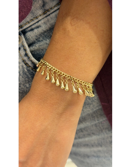 Damla Plaka Sallantılı Gold Kolye-Bileklik Set