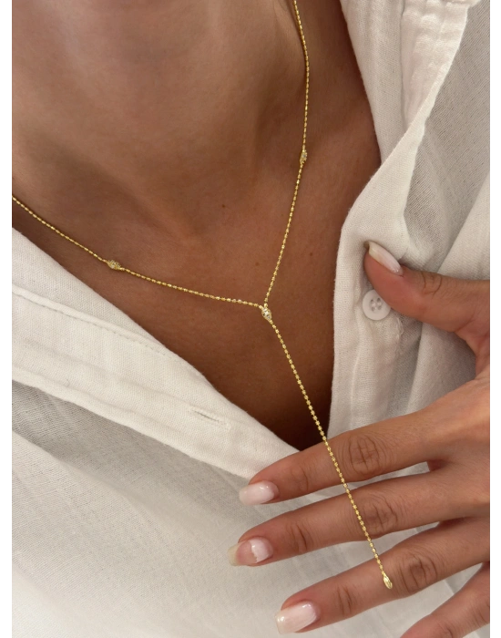 Damla Taş İşleme Detay Y Model Gold Dekolte Kolye (47cm)