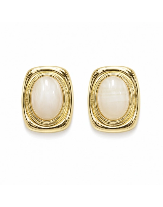 Dikdörtgen Krem Taşlı Gold Küpe