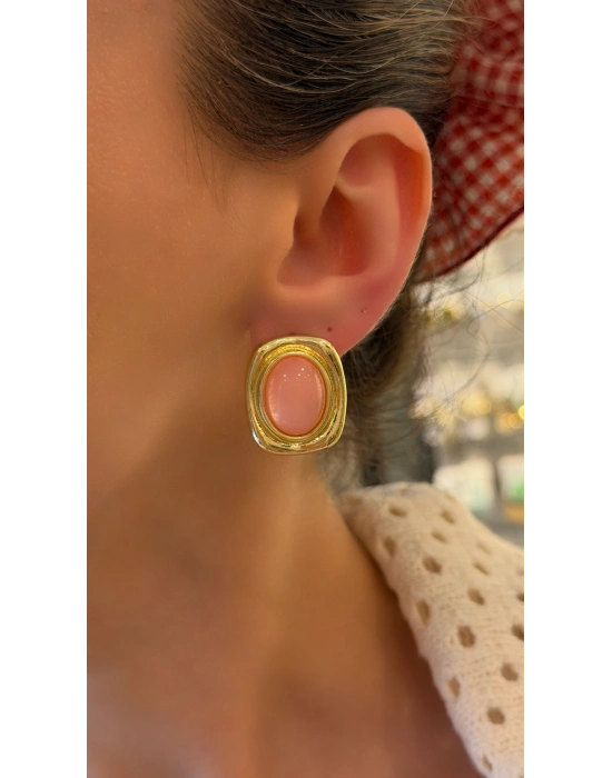 Dikdörtgen Pembe Taşlı Gold Küpe