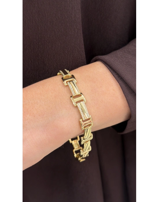 Dikdörtgen Plaka Geçmeli Gold Kadın Bileklik (17cm-uzatma dahil 19 cm)