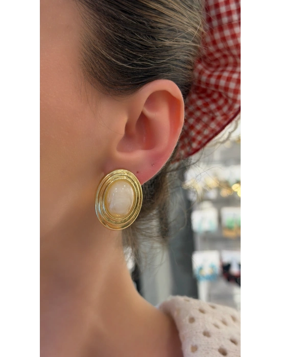 Gold Krem Taşlı Küpe