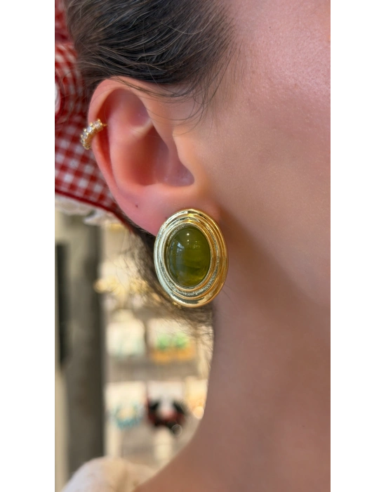Gold Yeşil Taşlı Küpe