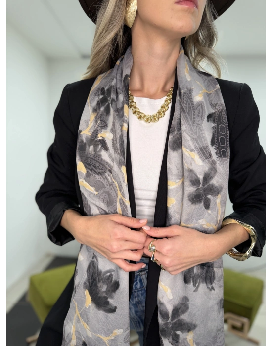 Gri-Siyah-Sarı Çiçek Desen Fular(70*180)