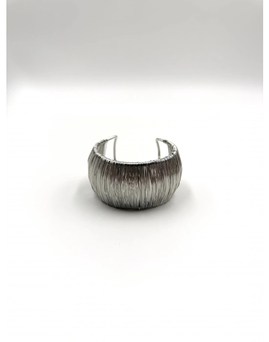 Gümüş Tel Dolama Detay Kalın Kelepçe Bileklik