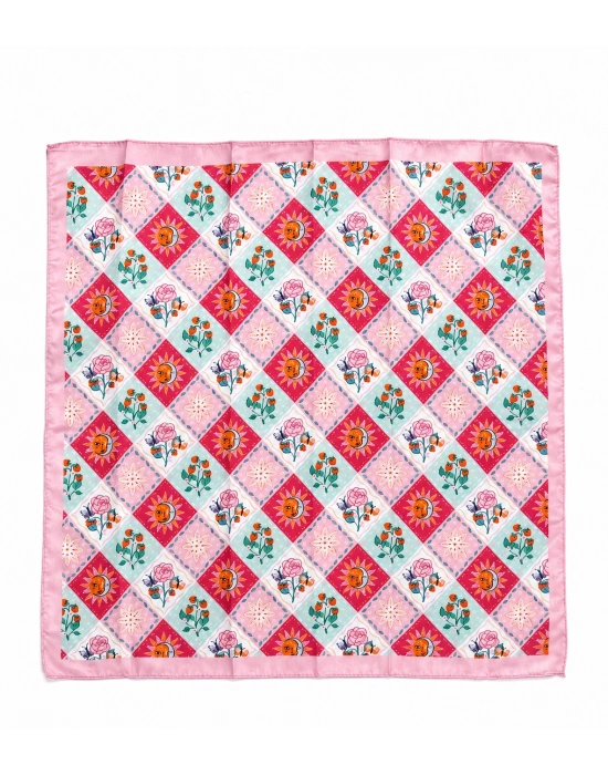 Güneş Ay Desen Pembe Fular 50x50